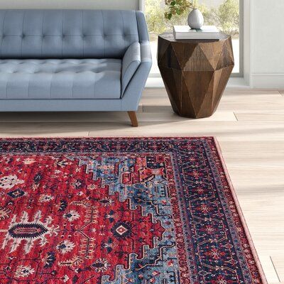 This area rug features a centre medallion design that draws on Persian patterns and brings a boho feel to your room. It's power-loomed from cotton, chenille, and polyester, and boasts bold red and navy hues. Best of all, this rug is stain-resistant, so holds up to regular use. To care for it, vacuum it without a beater bar or rotating brush. Rug Size: Rectangle 8' x 10' Red And Blue Rug Living Room, Blue And Red Rug, Navy Area Rug Living Room, Red Area Rugs In Living Room, Blue And Red Room, Red Blue Living Room, Red And Blue Living Room, Red And Blue Decor, Andrea Art