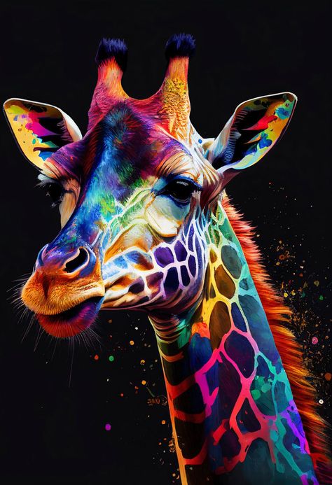 Colorful Giraffe Art, Colourful Animal Paintings, Neon Effect Painting, Neon Art Painting, Rainbow Giraffe, Giraffe Artwork, Colorful Giraffe, Colorful Animal Paintings, Bright Colors Art