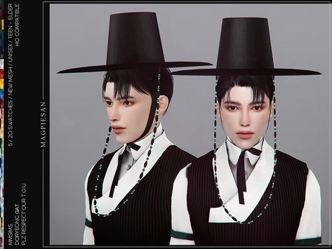 Sims 4 — Doryeong Gat Set by magpiesan — Modern Hanbok Collaboration Gat Category : Hats Stone Strap Category : Necklaces #featuredartist Sims 4 Hanbok, Hanbok Male, Accessories Male, Ts4 Clothes, Ancient Korea, Sims 4 Decades Challenge, Gentleman Hat, Cc Sims4, Korean Accessories