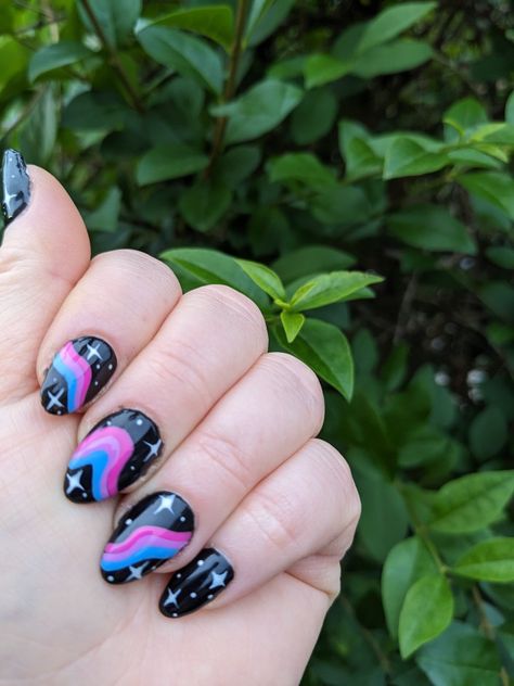 Starry bi pride nails Bisexual Pride Nails Short, Bi Nails Designs, Pride Nails Bisexual, Bisexual Flag Nails, Non Binary Nail Art, Bi Nail Ideas, Nail Designs Pride, Bi Pride Nails Designs, Bisexual Nail Ideas