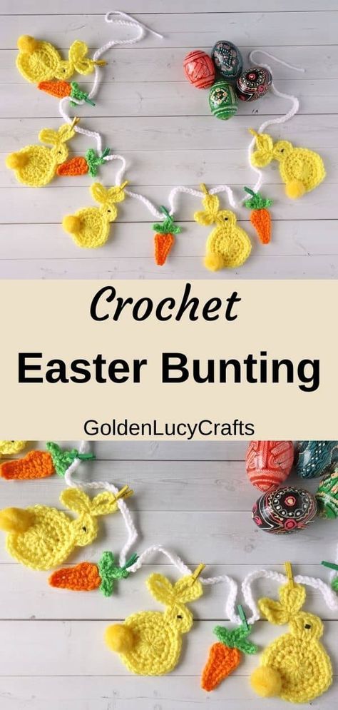 Crochet Carrot Garland, Crochet Easter Garland, Easter Home Decorations, Bunting Crochet, Easter Crochet Patterns Free, Crochet Pets, Bunny Bunting, Crochet Easter Bunny, Easter Bunting