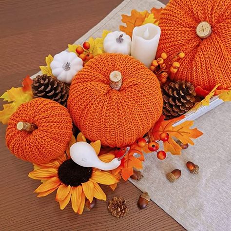 Set of 3 Fall pumpkins #homedecor #falldecor Halloween Wedding Table, Knit Pumpkins, Farmhouse Thanksgiving, Crochet Pumpkins, Thanksgiving Harvest, Halloween Centerpiece, Foam Pumpkins, Wedding Themes Fall, Faux Pumpkins