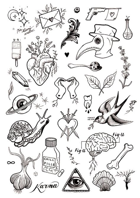 A selection of tattoo sketches  I am a Junior Artist at Atelier Four Tattoo Studio based in Cornwall. It is my dream to be able to give someone a permanent piece of my artwork, and i am incredibly lucky to work with the guys at Atelier Four.... Four Tattoo, Flash Art Tattoos, Art Flash, Kunst Tattoos, Tattoo Zeichnungen, Inspiration Tattoos, Tattoo Flash Sheet, Doodle Tattoo, Sketch Tattoo Design