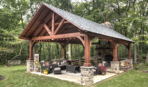 Love rustic design elements? Take a look at the Alpine pavilion that resembles a rustic ski lodge. The Alpine is also a great choice for those who appreciate clean, simple lines and open-beamed construction. https://loom.ly/waMRHo0 #CountryLaneGazebos #pavilions Fireplace Pavillion, Hide Pool Pump, Rustic Pavilion, Rustic Ski Lodge, Outdoor Pavillion, Rustic Landscaping, Lattice Wall, Outdoor Space Design, Outdoor Pavilion