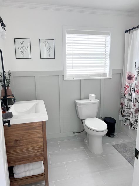 Gray Board And Batten Bathroom, Gray Wainscoting Bathroom, Grey Board And Batten Bathroom, Light Gray Board And Batten Wall, Board And Baton Bathroom, Wayne Scotting Walls Bathroom, 2 Tone Bathroom Walls, Grey Board And Batten Wall, Black Wainscoting Bathroom