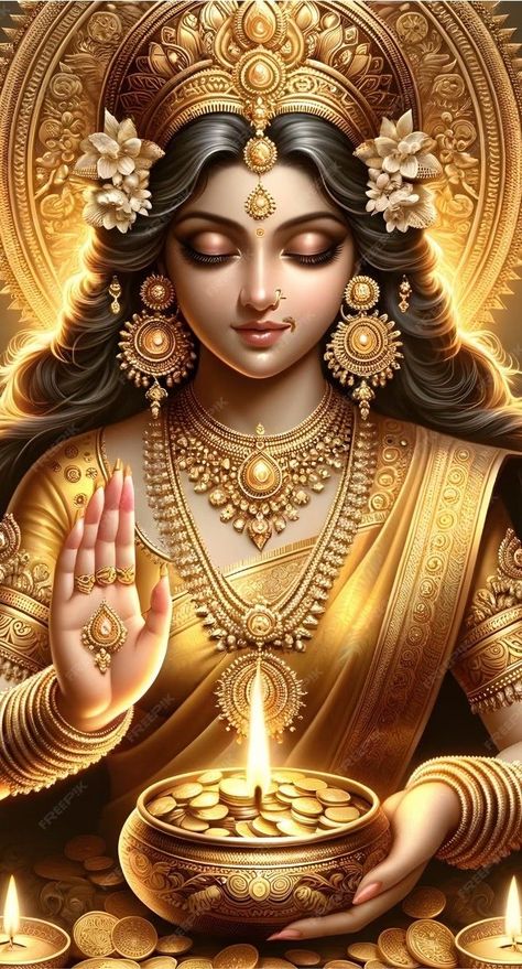 Mahalakshmi Goddesses Hd Wallpaper, Lakshmi Goddess, Lakshmi Photos, Golden Coins, Devi Images Hd, Lucky Wallpaper, Pictures Of Shiva, Goddess Sculpture, Happy Navratri Images