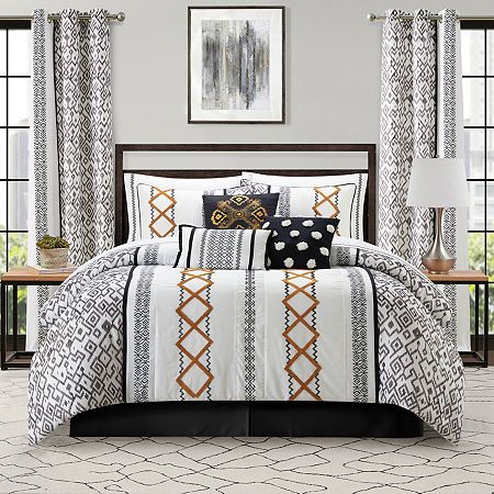 Add a dash of charm to your master suite's decor with this 15-piece comforter set. Overflowing with an intricate print pattern and stitching, the bedding and shams offer a soothing atmosphere that promotes a restful retreat. The comforter set comes with one (1) ultra-soft comforter, two (2) matching shams, two (2) pillowcases, one (1) flat sheet, one (1) fitted sheet and one (1) bed skirt. It also includes four (4) curtains, three (3) opulent pillows with tufted embroidery in a taupe background, Tufted Embroidery, Master Suite Decor, Gold Comforter Set, All Season Room, Taupe Background, Top Of Bed, Soft Comforter, King Comforter Sets, Bed Skirt