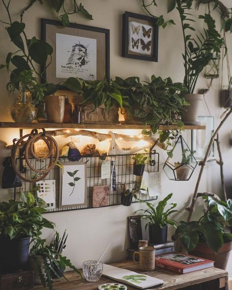 Organized Plant Room, Botanical Desk Setup, Plant Room Desk, Plant Set Up Indoor Bedroom, Plant Desk Setup, Earthy Desk Setup, Room With Plants Aesthetic, Nature Themed Office, Office Plants Ideas Interior Design