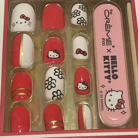 Brand New Hello Kitty Press On Nails Instructions On How To Use On The Back Hello Kitty Nails Gel, Press On Nails Instructions, Hello Kitty Nails Art, Hello Kitty Nail, Red Toenails, Bff Stuff, Shop Hello Kitty, Nail Art For Kids, The Creme Shop