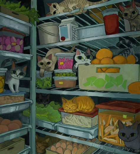 "Inside the Walk-In" 9" x 8.5" gouache on watercolor paper 🐱🥦🥩🥒 print available on my INPRNT! . . . . #illustration #gouache #gouachepainting #cute #cats #catart #fridge #walkin #kitchen