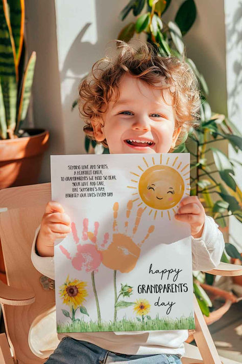 Grandparents Day Handprint with sunflowers and poem Art For 18month Olds, Grandparents Day Crafts For Kindergarten, Grandparents Day Crafts For Kids, Grandparents Day Activity, Grandparents Craft, Grandparents Poem, Grandparents Day Crafts For Preschoolers, Grandparents Day Preschool, Grandparents Day Poem