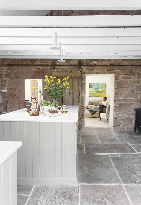 vertical vj paneling on the island bench of this farmhouse kitchen. Flagstone flooring, exposed beams and exposed stone wall. Scottish Kitchen, Georgian Farmhouse, Scottish Homes, Flagstone Flooring, Farmhouse Decorating, Stone Kitchen, Cottage Interiors, Gorgeous Kitchens, Character Study