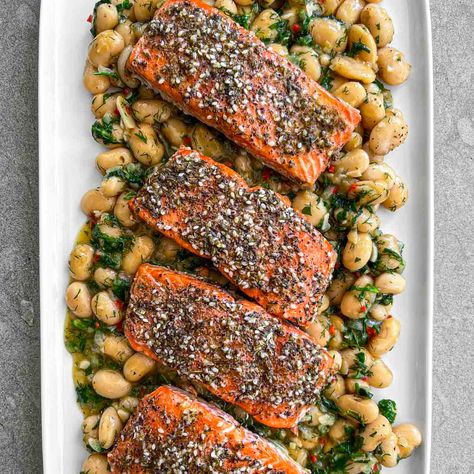 Chilli Za’atar Salmon with Herby Butter Beans - Zena's Kitchen Confit Garlic, Alaska Salmon, Lime Butter, Butter Steak, Butter Salmon, Butter Pasta, Asparagus Pasta, Garlic Butter Steak, Za Atar