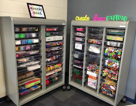 All my new makerspace/STEAM items are arriving and these carts are a lifesaver! 😍 #teachersofthegram #teachersofinstagram… Makerspace Organization Storage, Makerspace Elementary Library, Makerspace Furniture, Makerspace Elementary, Lab Ideas, School Library Design, Elementary Library, Rolling Storage, Organization Storage