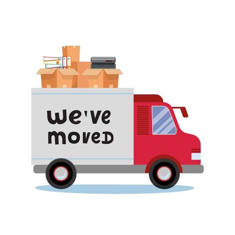 Moving truck and cardboard boxes. Moving Office stuff. Transport company. Trusk side veiw with lettering quote We ve moved. Vector cartoon style illustration Moving Truck Illustration, Anime Bedroom, Moving Van, House Cartoon, Moving Truck, Box Van, Personal Progress, Transport Companies, Moving Boxes