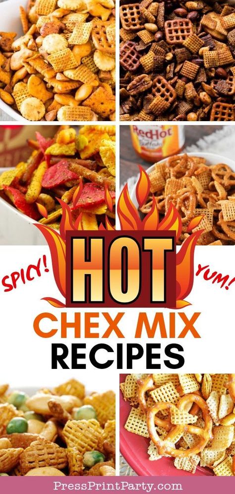 11 Spicy Chex Mix Recipes - A collection of the best and easy spicy Chex Mix recipes for your next parties. Perfect and fun for the Super Bowl or Movie Nights. Homemade party mix. Easy to make gluten free. Different recipes with hot sauce, cajun, Tabasco, Sriracha, paprika, and other spices. Including a couple of mild and sweet and spicy. by Press Print Party! #chexmixrecipes #chexmagic #partyappetizers #partyfood #footballrecipes #appetizers #appetizerseasy #recipes #recipeseasy #movienight Chex Mix Spicey, Spicy Chex Mix Recipes Crockpot, Sweet & Spicy Chex Mix Recipes, Spicy Check Mix Recipes, Hot And Spicy Chex Mix Recipes, Cajun Chex Mix Recipes, Spicy Snack Mix Recipes, Spicy Chex Mix Recipes Texas Trash, Sweet And Spicy Chex Mix Recipes