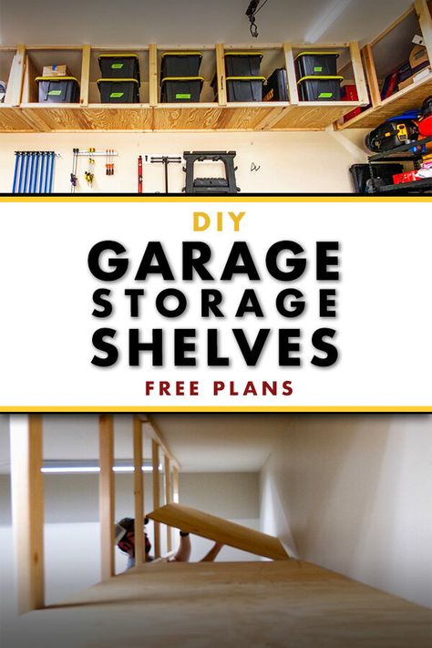 How To Build DIY Garage Storage Shelves Diy Garage Storage Shelves, Diy Overhead Garage Storage, Garage Ceiling Storage, Garage Storage Inspiration, Diy Storage Shelves, Overhead Garage Storage, Diy Regal, Garage Storage Shelves, Tesla Cybertruck