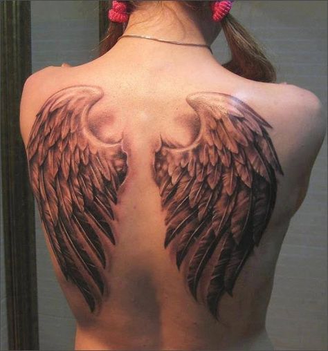 Realistic 3D angel wings tattoo on back Simple Angel Tattoos, Wings Ideas, Wings Tattoo Meaning, Angel Wings Tattoo On Back, Wing Tattoos On Back, Wing Tattoos, Tattoo Son, Body Tattoo Design, Wing Tattoo Designs