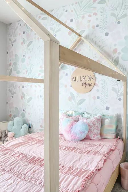 Girl toddler room | mint and pink girls room | toddler girl wallpaper | bedding is from Beddys!  #LTKkids #LTKhome Toddler Girl Wallpaper, Girl Toddler Room, Pink Girl Room Decor, Pink Girls Room, Cactus Bloom, Pink Girl Room, Toddler Rooms, Girl’s Room, Girl Toddler