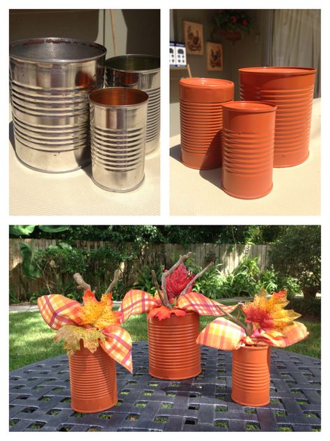 Tin can pumpkins. Made from tin cans, spray paint, sticks and leaves. Fun - easy to make and festive. Great for a centerpiece or tablescape. Thanksgiving Diy Centerpiece, Thanksgiving Centerpieces Diy, Diy Centerpiece, Harvest Fest, Paint Sticks, Pumpkin Designs, Halloween Pumpkin Designs, Thanksgiving Diy, Tin Cans