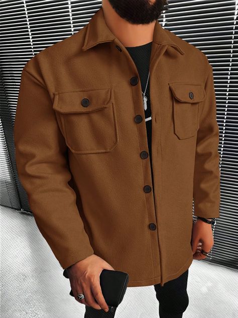 Men Flap Pocket Drop Shoulder Overcoat Without Hoodie Brown Casual  Long Sleeve Fabric Plain Regular Slight Stretch  Men Clothing, size features are:Bust: ,Length: ,Sleeve Length: Man's Overcoat, Stand Collar Top, Classy Outfits Men, Girls Fall Outfits, Girls Denim, Mens Outerwear, Colorful Hoodies, Men Clothing, Lapel Collar