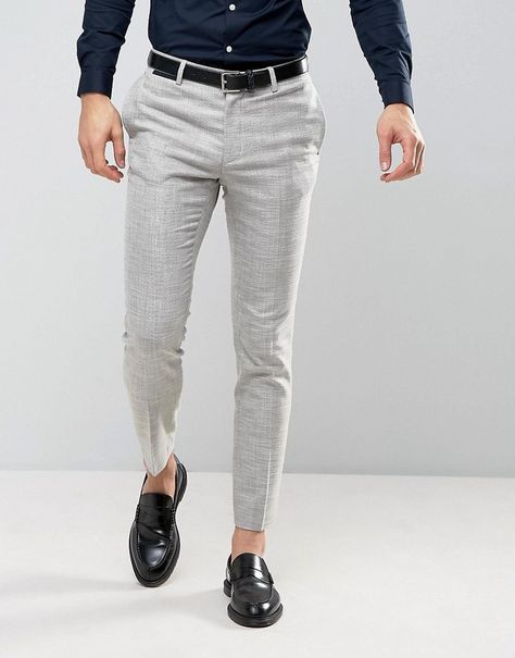 ASOS Skinny Suit Pant In Light Gray Texture Men’s Grey Dress Pants Outfit, Light Grey Dress Pants Outfit Mens, Light Grey Trousers Outfit Men, Light Grey Trousers Outfit, Grey Dress Pants Outfit, Outfit Hombres, Light Gray Dress Pants, Grey Pants Outfit, Clothes Combination