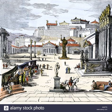 Market place of ancient Greek city-state of Sparta. Hand-colored woodcut Stock Photo Ancient Sparta, Wind Pictures, Island Artwork, Ancient Athens, Ancient Greek City, Greek City, Ancient Greek Architecture, Classical Antiquity, Sundials