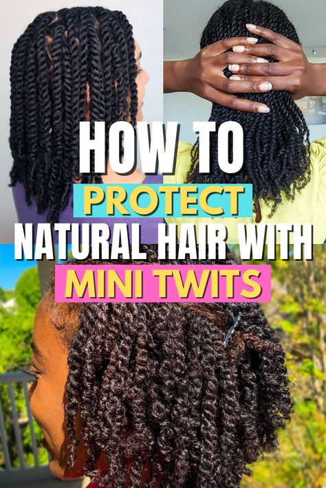 Mini twists as a protective style is a long term way to retain length and keep your hair moisturized and healthy. Here are the best ways to protect your hair with mini twists. Products For Twisting Natural Hair, Mini Twists Products, Washing Mini Twists, Products For Mini Twists, Mini Twist Products, Long Term Protective Styles Natural Hair, Long Mini Twists, Products For Type 4 Hair, Twists Protective Styles