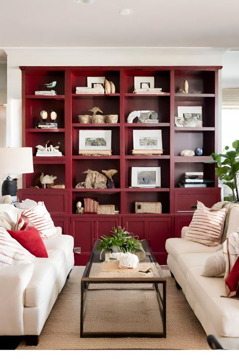 Bold red lacquered built in bookcases. #redaesthetic #builtins #builtinbookcase #livingroomdecorideas #homedecoration Red Built In Bookshelves, Built Ins Living Room, London Flat Interior, Red Bookcase, Red Bookshelf, Bookshelves Living Room, Built In Bookcases, Bookshelf Living Room, Built In Bookshelves