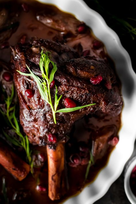 POMEGRANATE BRAISED LAMB SHANKS - My Digital Kitchen Pomegranate Lamb, Persian Pomegranate, Lamb Shank Recipe, Goat Recipes, Braised Lamb Shanks, Lamb Shank, Braised Lamb, Lamb Dishes, Lamb Shanks