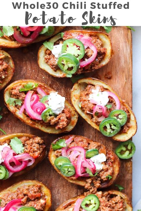 Stuffed Potato Skins, Whole30 Chili, Potato Skins Recipe, Potatoe Skins Recipe, Stuffed Potato, Collagen Recipes, Potato Tacos, Dried Potatoes, Football Snacks