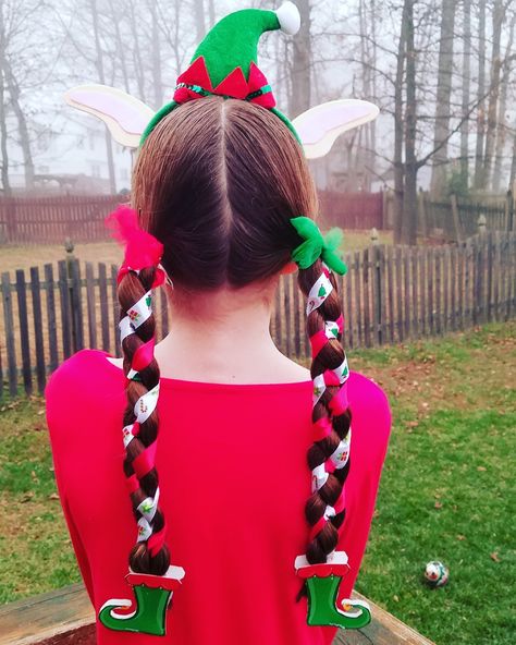 Elf hairstyle using 4 strand ribbon braids Cute Elf Hairstyles, Xmas Hairstyles For Kids, Grinch Hairstyles Crazy Hair, Elf Day At School Outfit, Holiday Kids Hairstyles, Crazy Christmas Hairstyles, Elf Hairstyles Christmas, Christmas Hair Ideas For Kids, Crazy Holiday Hair Christmas