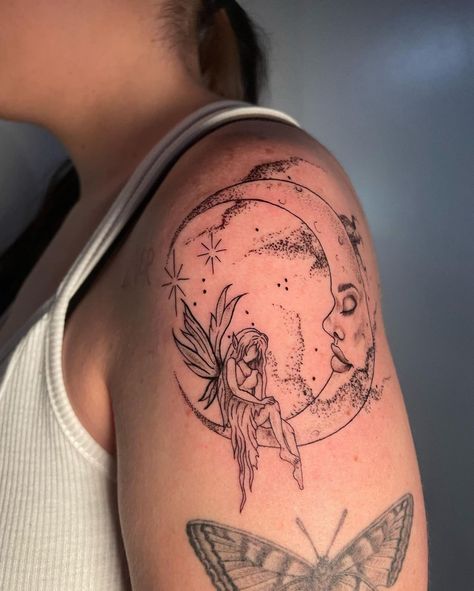 Shoulder Tattoo Moon, Fairy On The Moon Tattoo, Butterfly Tattoo With Eyes, Shoulder To Collar Bone Tattoo, Fairy Neck Tattoo, Moth With Eyes Tattoo, Fairy Shoulder Tattoo, Whimsical Goth Tattoo, Moth Tramp Stamp