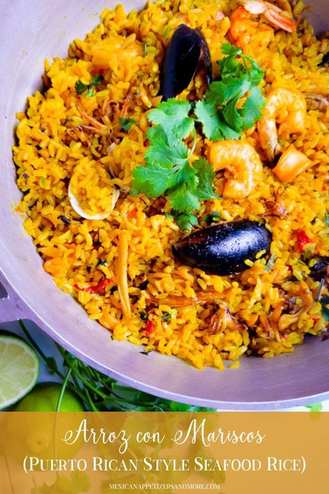 This Puerto Rican style Arroz con Mariscos (Seafood Rice) is a one-pot meal, full of amazing seafood flavor, deliciously moist, and hyper flavorful! Best of all, it's very easy and economical to make, making it perfect for any day of the week! #arrozconmariscos #arrozconmariscospuertorico #arrozconmariscosreceta #arrozconmariscosrecetafacil #puertoricanseafoodrice #puertoricanricewithseafood #seafoodricerecipesimple via @mexicanappetizersandmore Mixed Seafood Rice Recipe, Puerto Rican Fish Recipes, Seafood Rice Recipe, Baked Seafood, Puerto Rican Style, Shrimp And Rice Recipes, Latin Culture, Carribean Food, Seafood Rice