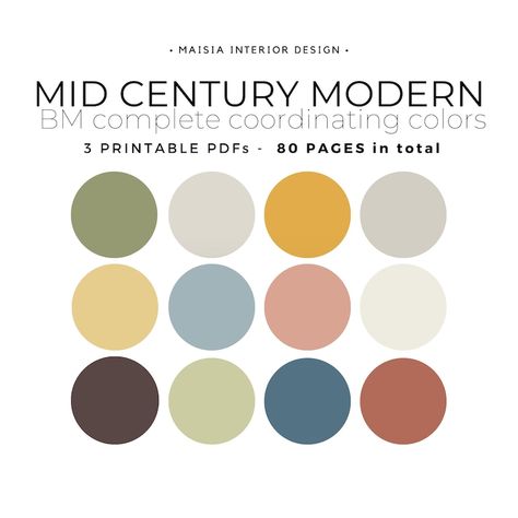 Mid Century Modern Wall Colors, Color Scheme Whole House, Mid Century Color Scheme, Mid Century Modern Paint, Mid Century Modern Paint Colors, Benjamin Moore Color Palette, Interior Design Mid Century Modern, Color Palette Benjamin Moore, Mid Century Color Palette