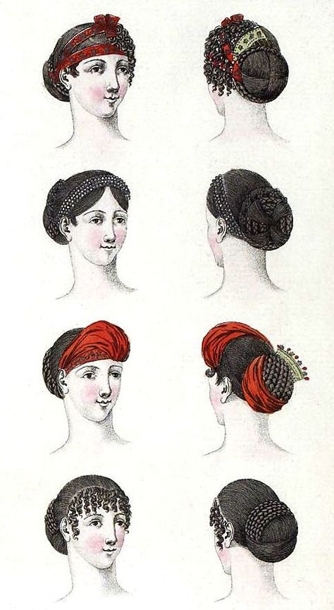 Regency Hairstyles (1807). Regency Picnic, 1800s Hairstyles, History Clothes, Regency Hair, Regency Hairstyles, Empire Clothing, Brighton Pavilion, Historical Hairstyles, Historical Hats