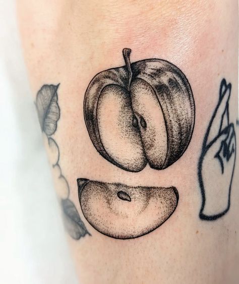 Apple Tattoo Black And White, American Traditional Apple Tattoo, Half Apple Tattoo, Apple Slice Tattoo, Apple Core Tattoo, Apple Tattoo Design, Pocket Knife Tattoo, Tattoo Apple, Apple Tattoos