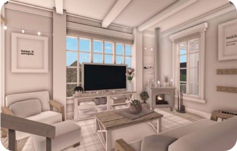 White Bloxburg Living Room, Bloxburg Aesthetic Living Room Ideas, Bloxburg Tv Room Ideas, Living Room Bloxburg Aesthetic, Fancy Bloxburg Living Room, Roblox Bloxburg House Ideas Living Room, Big Bloxburg Bedroom, Bloc Burg Living Room, Bloxburg Kicken Ideas