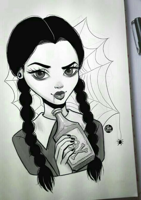 Merlina Adams ♥ Cute Wednesday Addams Drawing, Wendsday Addams Drawing, Wednesday Adams Painting, Wednesday Addams Thing Drawing, Wednesday Doodle Art, Wendsday Adams Tattoo Ideas, Wednesday Addams Painting Ideas, Wednesday Addams Anime Art, Drawing Ideas Wednesday