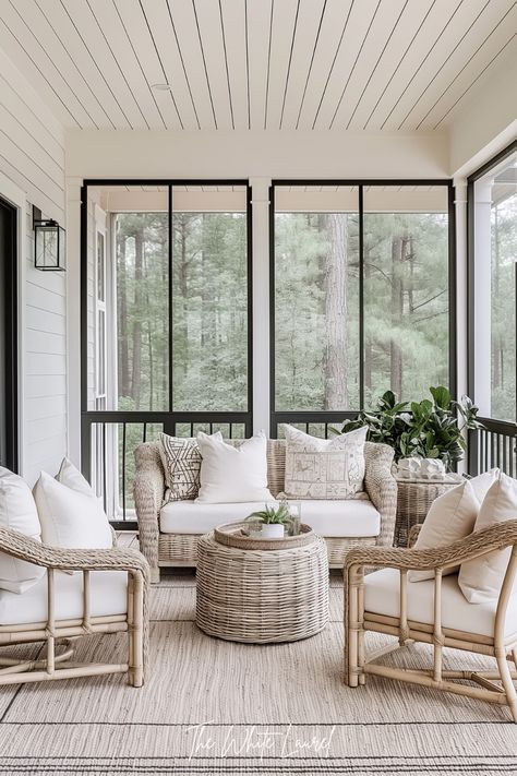 Home Plans With Screened In Porch, Screened In Porch With Gas Fireplace, Screened In Porch Seating Ideas, Muskoka Room Screened Porches, Vintage Screen Porch, Florida Porch Ideas, Screened In Porch Inspiration, Four Season Porch Ideas, Coastal Screened Porch Ideas