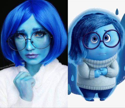 My side by side makeup test. #Cosplay #InsideOut #Cartoon #MakeUp #Halloween #HalloweenMakeUp Cartoon Makeup, Inside Out Characters, Halloween Pumpkin Designs, Character Makeup, Bride Selfie, Trunk Or Treat, Halloween Looks, Makeup Shop, Image Macro