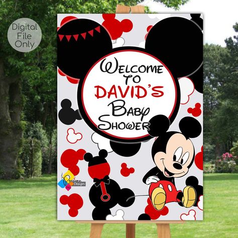 Printable MICKEY MOUSE Baby Shower Welcome Board. Custom RED Mickey Mouse Welcome Sign. Digital Mickey Mouse Poster. Mickey Mouse Baby Party https://etsy.me/3Dq6gI8 #red #babyshower #black #mickeymouse #mickeymousebaby #mickeymousesign #mickeymouseboard #welcomeboard Birthday Entrance, Mickey Mouse Clubhouse Birthday Party Decorations, Baby Shower Welcome Board, Mickey Mouse Poster, Birthday Welcome Board, Entrance Board, Printable Mickey Mouse, Mickey Mouse Theme Party, Mickey Mouse Printables