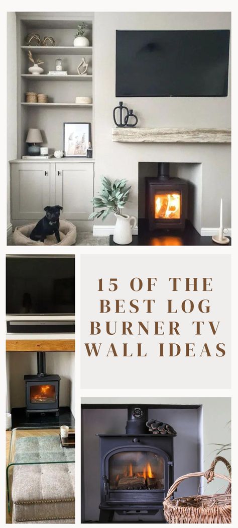 Planning the perfect log burner TV wall for your living room? This living room trend is one of the hottest ways to bring a cosy, and warming ambience to a living room that doesn’t discriminate on having a TV on show! I always say that a TV should never go above a fireplace unless it absolutely has to, OR if you use a smart TV which looks like artwork when not in use, then it’s okay. Continue>> Wood Burning Fireplace And Tv Wall Ideas, Log Burner Under Tv, Log Burner In Media Wall, Fake Fireplace With Tv Above, Wood Burning Fireplace With Tv Above, Tv Above Stove, Tv Above Log Burner Living Rooms, Fake Fireplace Ideas With Tv, Small Log Burner Fireplace