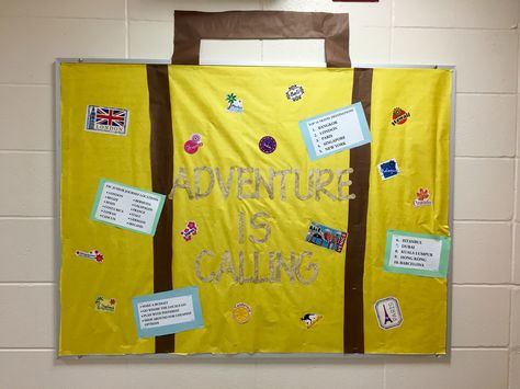 Travel, bulletin board, suitcase, reslife, RA Passport Bulletin Board Ideas, Around The World Bulletin Board Ideas, Ra Travel Theme Bulletin Boards, Travel Theme Bulletin Board, Around The World Bulletin Board, Travel Bulletin Boards, World Bulletin Board, Travel Classroom, Adventure Classroom