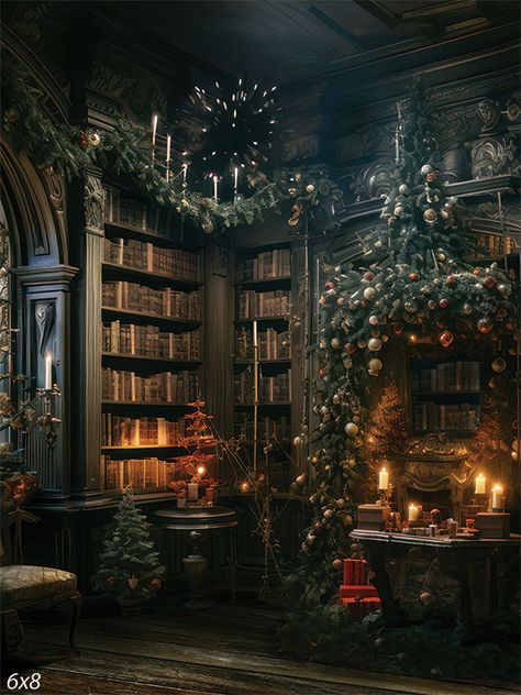 Victorian Christmas Library Photography Backdrop - Victorian-style library decorated for Christmas with garlands Faerie Bedroom, Rustic Library, Library Room Decor, Library Photography, Dark Academia Christmas, Dark Faerie, Christmas Library, Library Space, Christmas Home Decorations