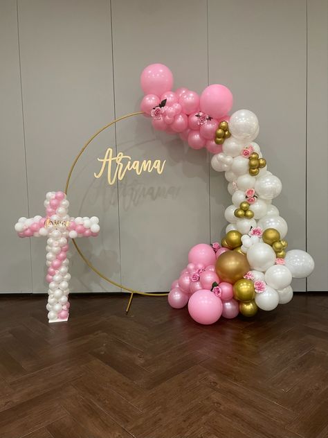 First Communion Balloon Garland, Communion Balloon Decor, Communion Decorations Girl, Communion Balloons, Bautizo Ideas Decoracion, Bautizo Ideas, Confirmation Party, First Communion Decorations, Communion Decorations