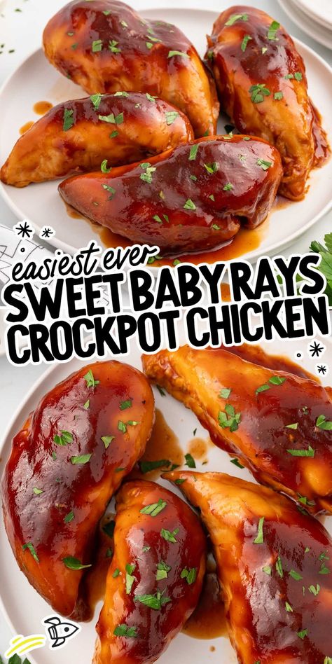 Sweet Baby Rays Crockpot Chicken Bbq Chicken Crockpot Easy, Sweet Baby Rays Bbq Chicken, Mini Crockpot, Sweet Baby Rays Crockpot Chicken, Bbq Chicken Breast Recipe, Sweet Baby Rays, Dinners Chicken, Baby Ray, Easy Bbq Chicken