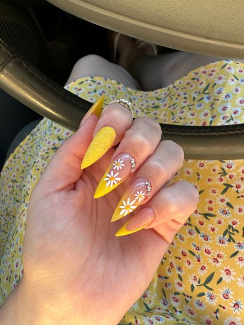 Yellow Nails With Daisy, Yellow Glitter Nails, 27 Piece, Classy Acrylic, Yellow Ombre, Yellow Glitter, Daisy Nails, Stiletto Nails Designs, White Daisies