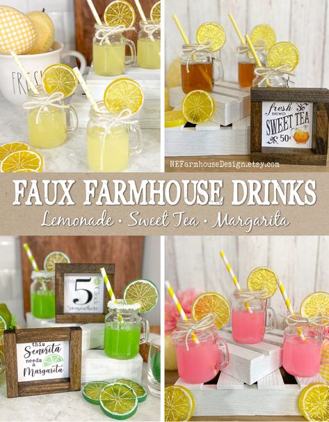 How To Make Fake Drinks For Display, Mason Jar Lemonade, Wood Framed Signs, Saturday Ideas, Faux Desserts, Diy Lemonade, Milford Connecticut, Mason Jars With Handles, Summer Tiered Tray