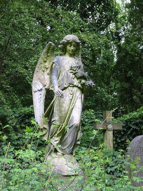 A statue of an angel stands atop a grave in Highgate Cemetery, London. Grave Statues, Highgate Cemetery London, Cemetery Angels, Highgate Cemetery, Cemetery Statues, Painting References, I Believe In Angels, Angel Statue, Ancient Statues